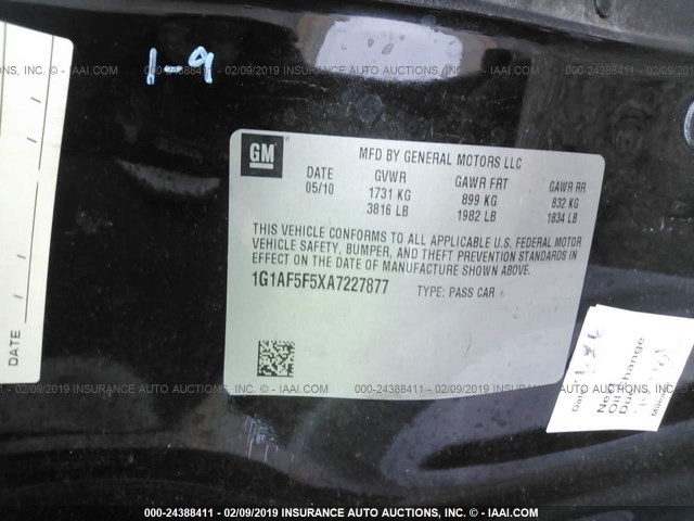 1G1AF5F5XA7227877 - 2010 CHEVROLET COBALT 2LT BLACK photo 9