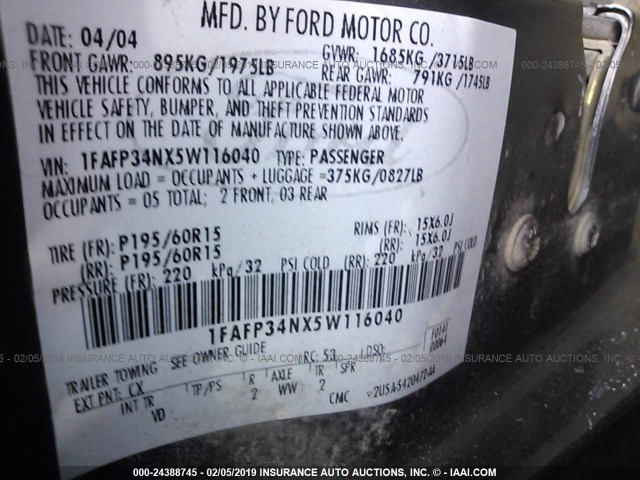 1FAFP34NX5W116040 - 2005 FORD FOCUS ZX4 GRAY photo 9