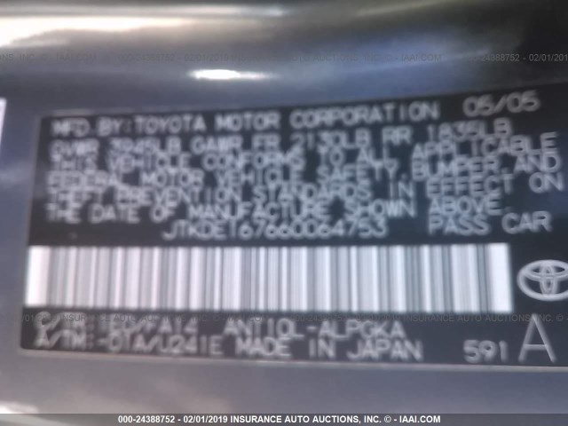 JTKDE167660064753 - 2006 TOYOTA SCION TC GRAY photo 9