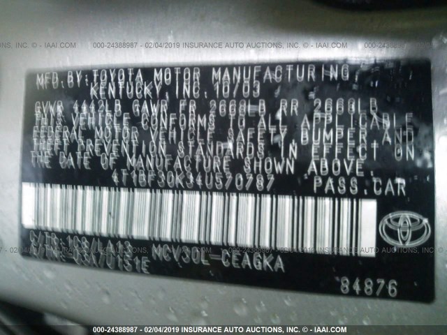 4T1BF30K34U570787 - 2004 TOYOTA CAMRY LE/XLE/SE SILVER photo 9