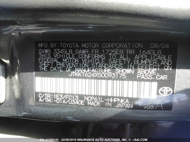 JTKKT624X50093175 - 2005 TOYOTA SCION XA GRAY photo 9