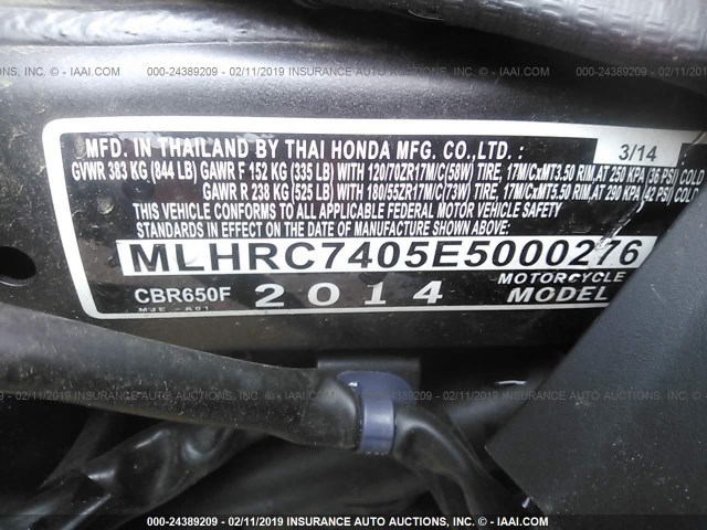 MLHRC7405E5000276 - 2014 HONDA CBR650 F RED photo 10