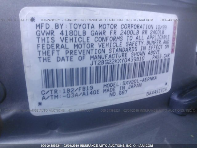 JT2BG22KXY0439810 - 2000 TOYOTA CAMRY CE/LE/XLE GRAY photo 9