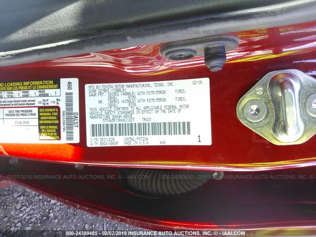5TFAW5F19HX611227 - 2017 TOYOTA TUNDRA CREWMAX 1794/PLATINUM 红色 照片 9