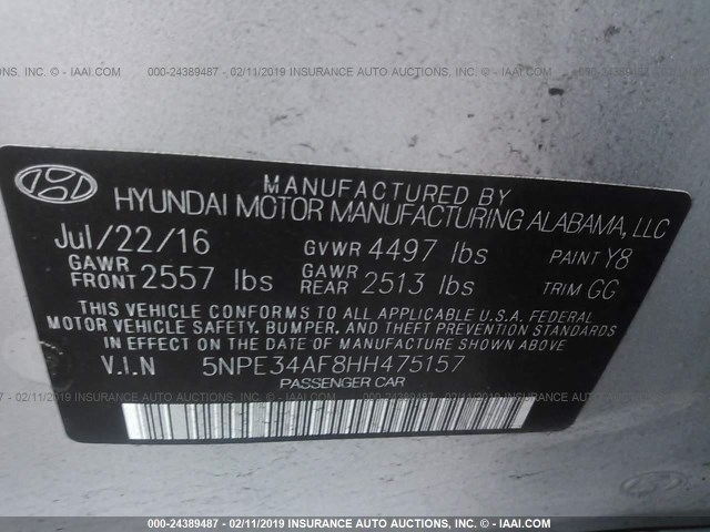 5NPE34AF8HH475157 - 2017 HYUNDAI SONATA SPORT/LIMITED SILVER photo 9