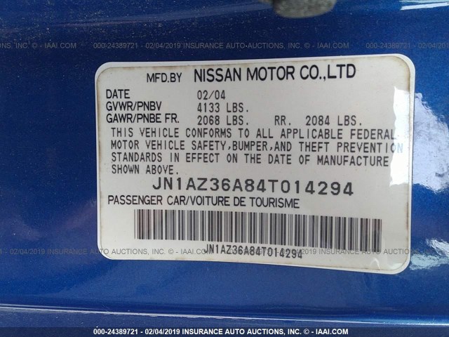 JN1AZ36A84T014294 - 2004 NISSAN 350Z ROADSTER BLUE photo 9