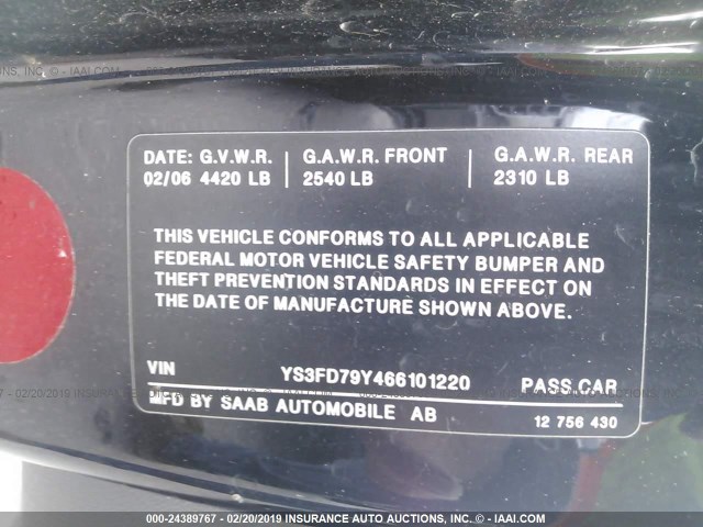 YS3FD79Y466101220 - 2006 SAAB 9-3 BLACK photo 9