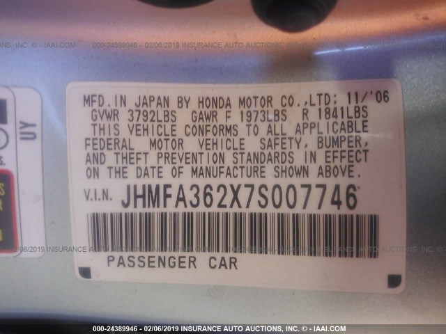 JHMFA362X7S007746 - 2007 HONDA CIVIC HYBRID SILVER photo 9