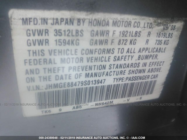 JHMGE88479S013947 - 2009 HONDA FIT SPORT SILVER photo 9