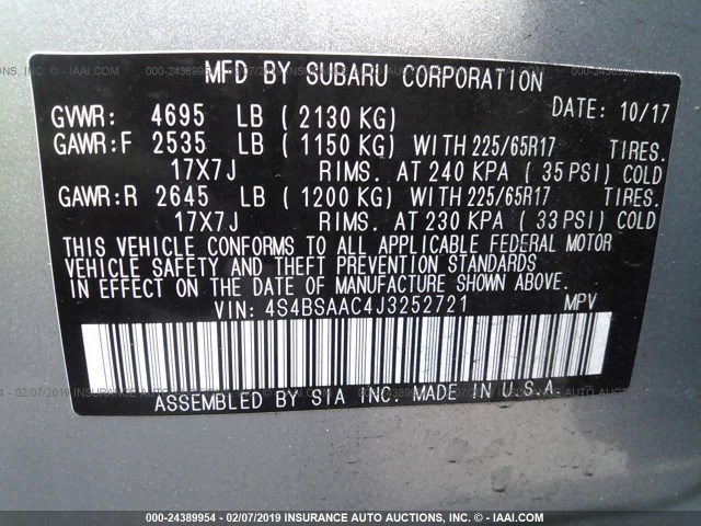 4S4BSAAC4J3252721 - 2018 SUBARU OUTBACK 2.5I SILVER photo 9