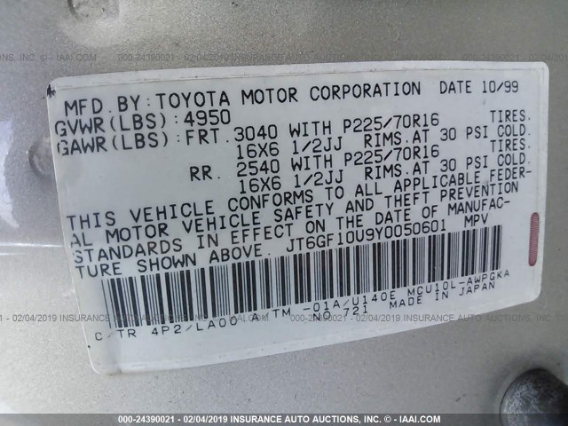 JT6GF10U9Y0050601 - 2000 LEXUS RX 300 GOLD photo 9