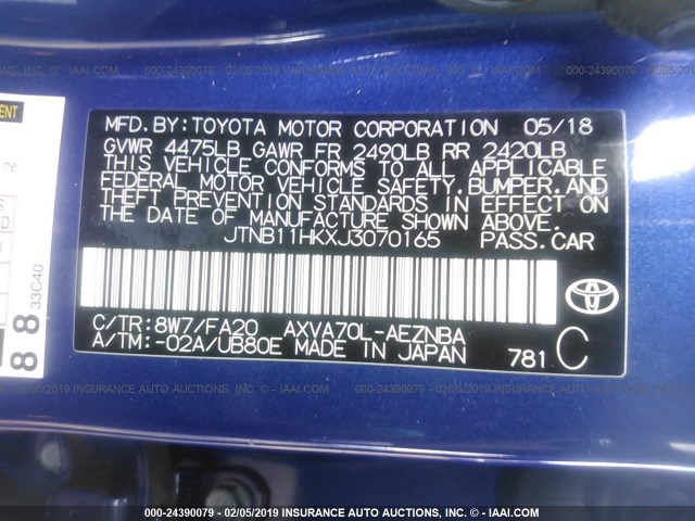 JTNB11HKXJ3070165 - 2018 TOYOTA CAMRY L/LE/XLE/SE/XSE BLUE photo 9