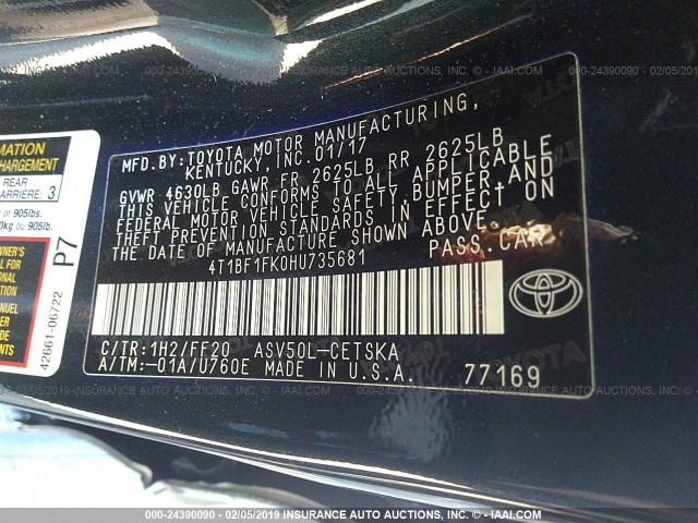 4T1BF1FK0HU735681 - 2017 TOYOTA CAMRY LE/XLE/SE/XSE BLACK photo 9