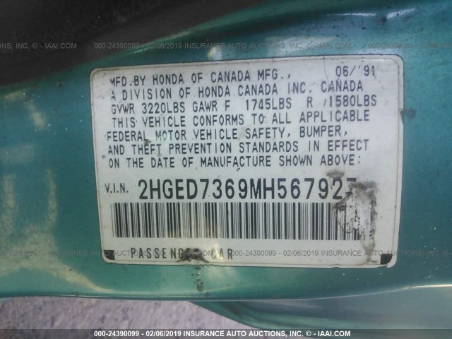 2HGED7369MH567927 - 1991 HONDA CIVIC SI GREEN photo 9