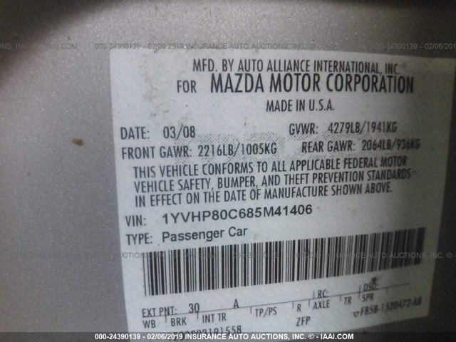 1YVHP80C685M41406 - 2008 MAZDA 6 I SILVER photo 9