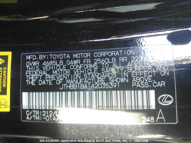 JTHBB1BA1A2035391 - 2010 LEXUS HS 250H BLACK photo 9