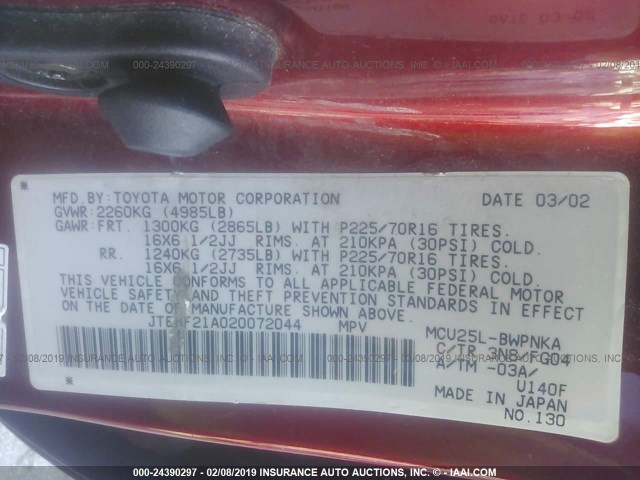 JTEHF21A020072044 - 2002 TOYOTA HIGHLANDER LIMITED RED photo 9