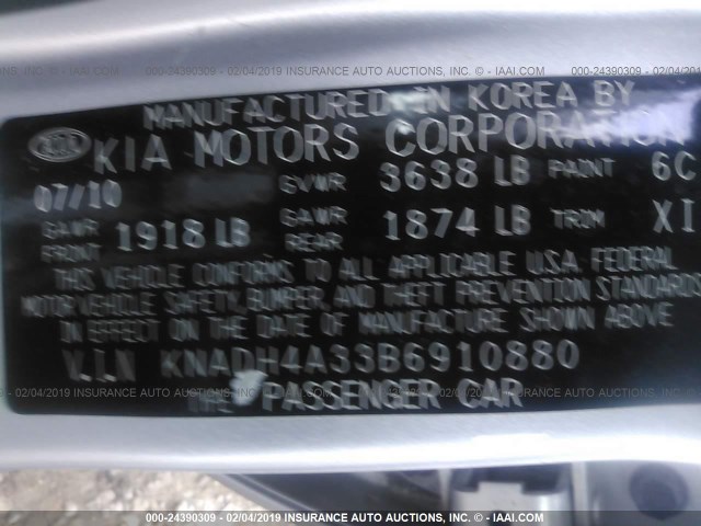 KNADH4A33B6910880 - 2011 KIA RIO LX/SX ვერცხლისფერი ფოტო 9