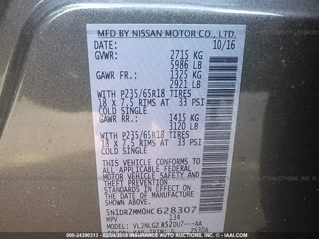 5N1DR2MM0HC628307 - 2017 NISSAN PATHFINDER S/SV/SL/PLATINUM GRAY photo 9