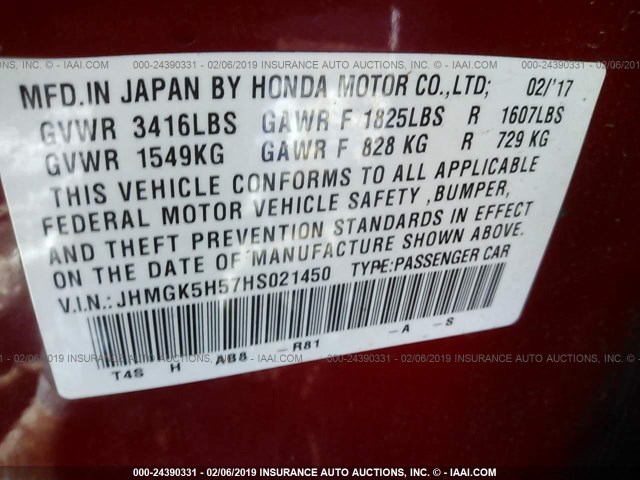 JHMGK5H57HS021450 - 2017 HONDA FIT LX RED photo 9