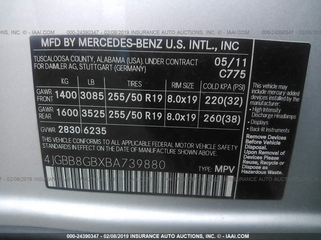 4JGBB8GBXBA739880 - 2011 MERCEDES-BENZ ML 350 4MATIC SILVER photo 9