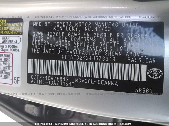 4T1BF32K24U573919 - 2004 TOYOTA CAMRY LE/XLE/SE SILVER photo 9