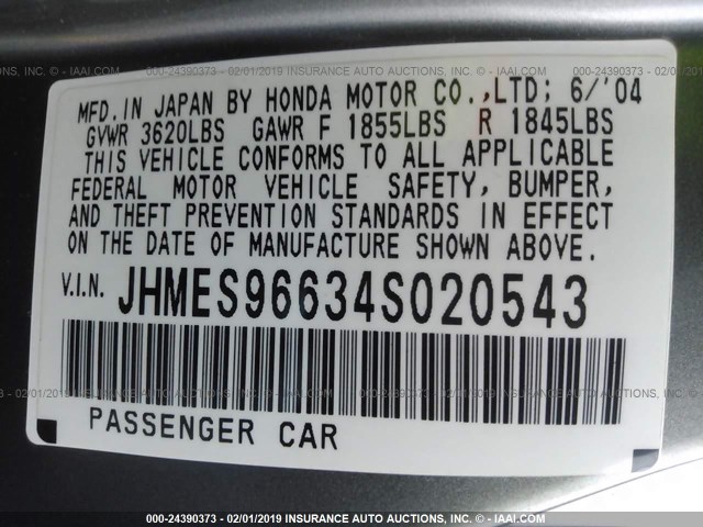 JHMES96634S020543 - 2004 HONDA CIVIC HYBRID SILVER photo 9