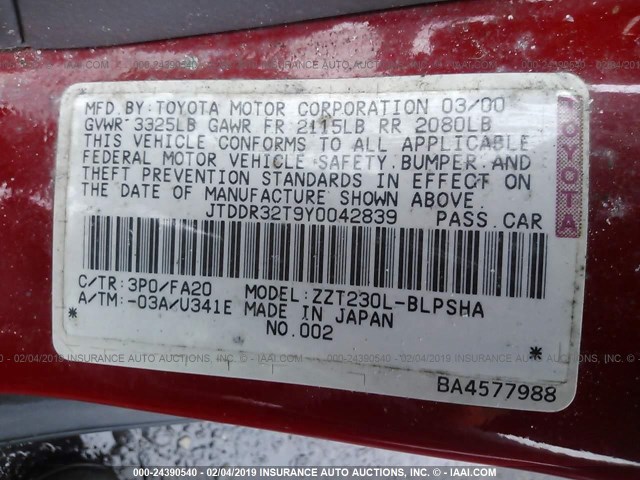 JTDDR32T9Y0042839 - 2000 TOYOTA CELICA GT RED photo 9