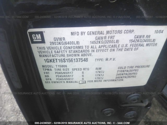 1GKET16S156137548 - 2005 GMC ENVOY XL BLACK photo 9