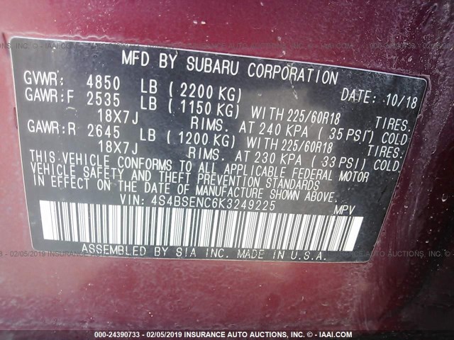 4S4BSENC6K3249225 - 2019 SUBARU OUTBACK 3.6R LIMITED RED photo 9