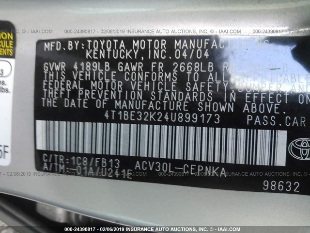 4T1BE32K24U899173 - 2004 TOYOTA CAMRY LE/XLE/SE SILVER photo 9