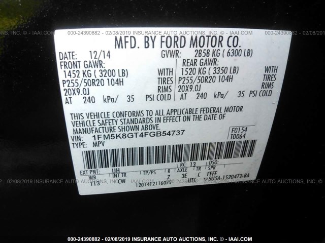 1FM5K8GT4FGB54737 - 2015 FORD EXPLORER SPORT BLACK photo 9