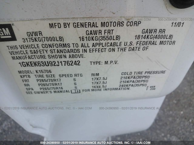 1GKEK63U92J176242 - 2002 GMC DENALI WHITE photo 9