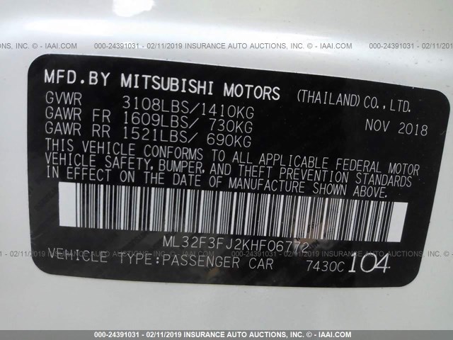 ML32F3FJ2KHF06772 - 2019 MITSUBISHI MIRAGE G4 ES Ağ foto 9