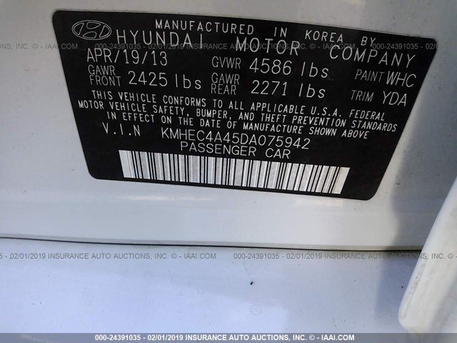 KMHEC4A45DA075942 - 2013 HYUNDAI SONATA HYBRID WHITE photo 9