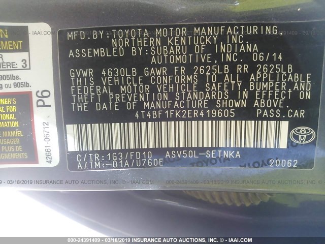 4T4BF1FK2ER419605 - 2014 TOYOTA CAMRY L/SE/LE/XLE GRAY photo 9