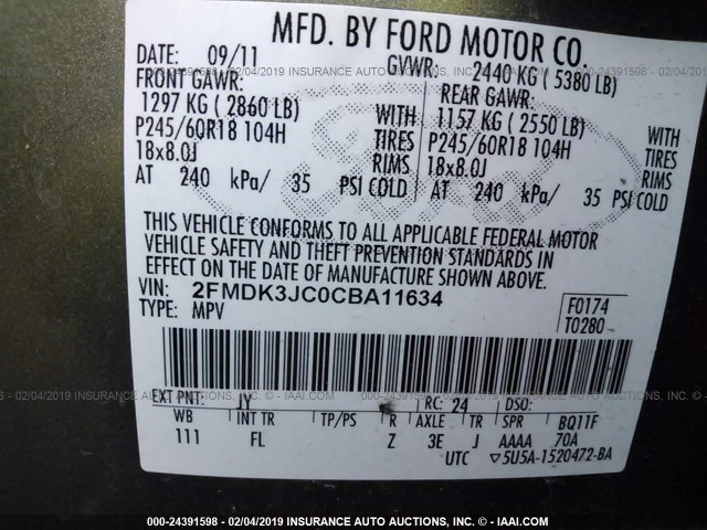 2FMDK3JC0CBA11634 - 2012 FORD EDGE SEL GREEN photo 9