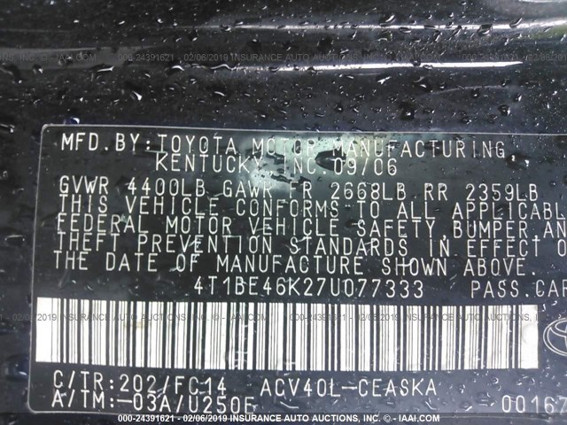 4T1BE46K27U077333 - 2007 TOYOTA CAMRY NEW GENERAT CE/LE/XLE/SE BLACK photo 9