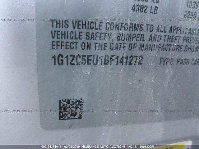 1G1ZC5EU1BF141272 - 2011 CHEVROLET MALIBU 1LT SILVER photo 9