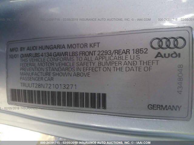 TRUUT28N721013271 - 2002 AUDI TT QUATTRO SILVER photo 9