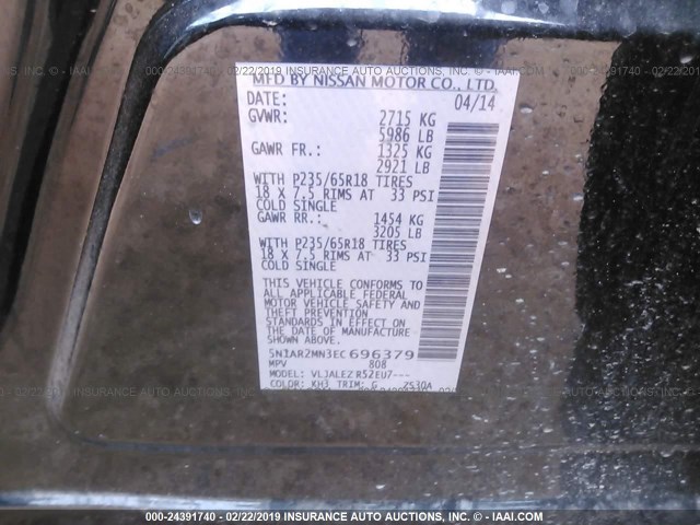 5N1AR2MN3EC696379 - 2014 NISSAN PATHFINDER S/SV/SL/PLATINUM BLACK photo 9