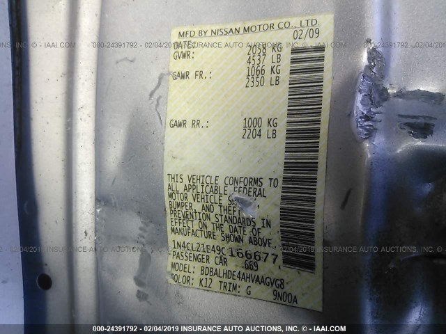 1N4CL21E49C166677 - 2009 NISSAN ALTIMA HYBRID SILVER photo 9