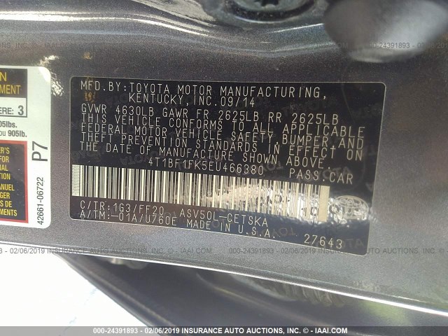 4T1BF1FK5EU466380 - 2014 TOYOTA CAMRY L/SE/LE/XLE 灰色 照片 9