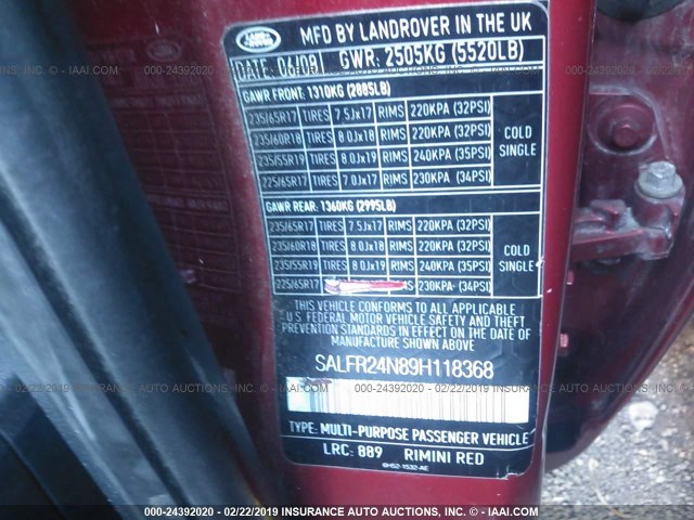 SALFR24N89H118368 - 2009 LAND ROVER LR2 HSE RED photo 9