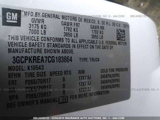 3GCPKREA7CG183864 - 2012 CHEVROLET SILVERADO K1500 LS WHITE photo 9