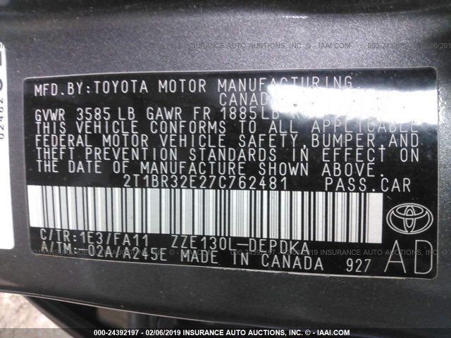 2T1BR32E27C762481 - 2007 TOYOTA COROLLA CE/LE/S GRAY photo 9