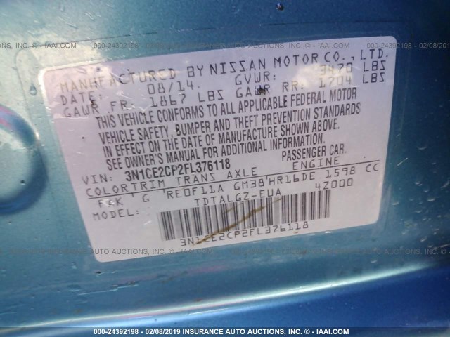 3N1CE2CP2FL376118 - 2015 NISSAN VERSA NOTE S/S PLUS/SV/SL/SR TEAL photo 9