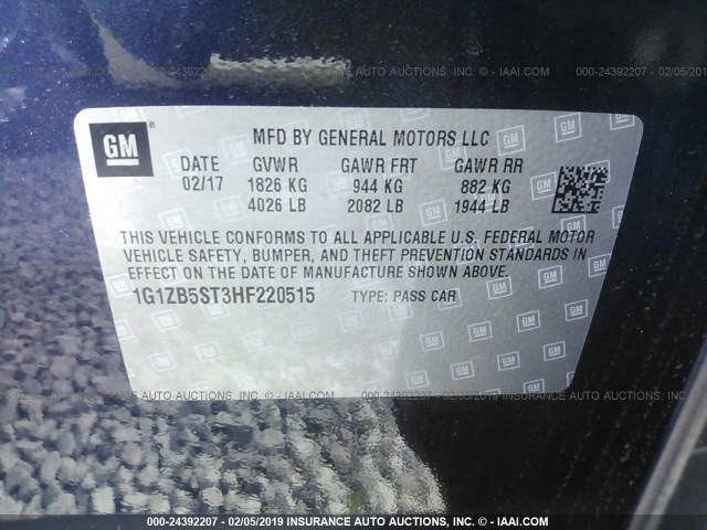 1G1ZB5ST3HF220515 - 2017 CHEVROLET MALIBU LS BLUE photo 9