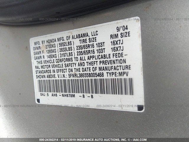 5FNRL38655B005468 - 2005 HONDA ODYSSEY EXL GRAY photo 9