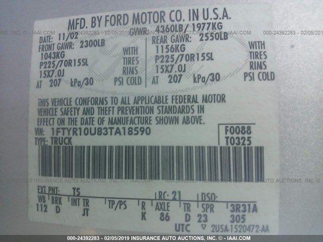 1FTYR10U83TA18590 - 2003 FORD RANGER SILVER photo 9